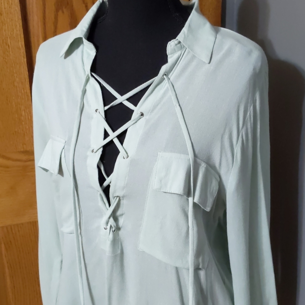 Entro Mint Green Lace Up Blouse